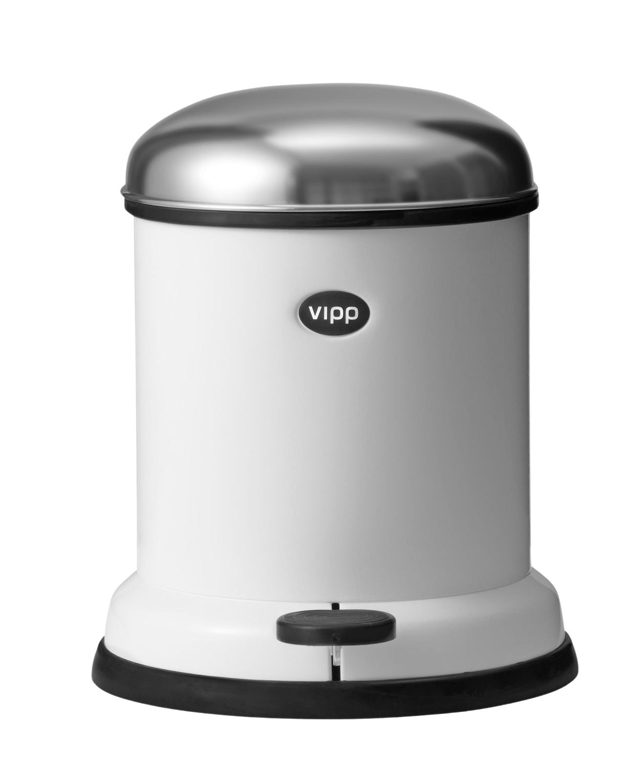 Weißer Vipp Treteimer mit Edelstahldeckel, runder Form und schwarzem Fuß für Badezimmer und Küche.